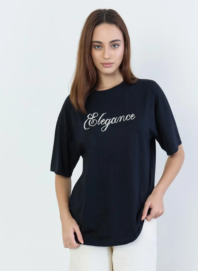 Styli Black Beaded Slogan Oversized T-Shirt